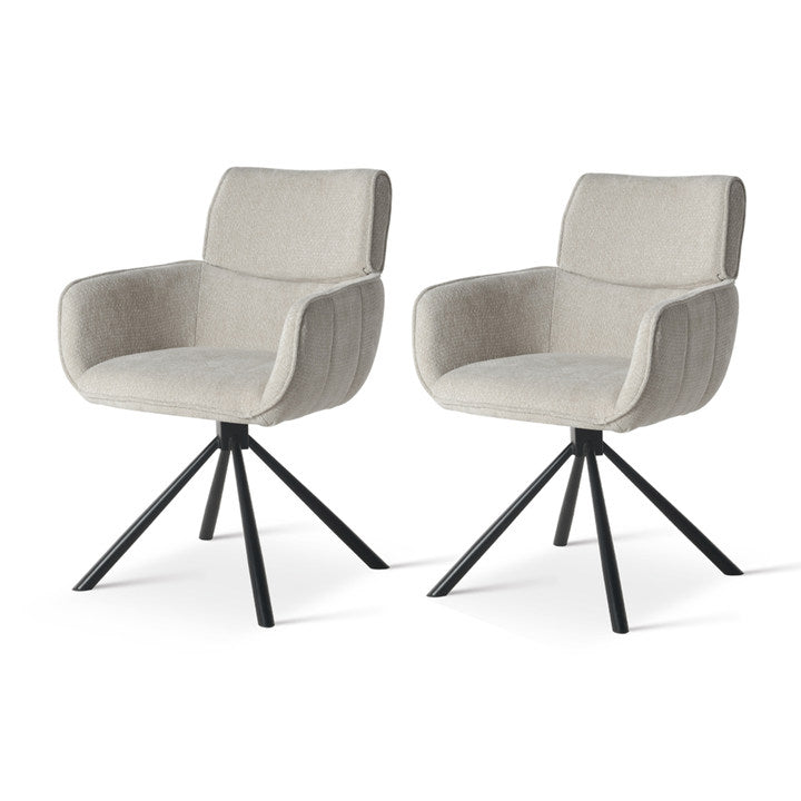 Fauteuil à dîner pivotant Elara HDC233029 en chenille beige, avec base métallique dorée et mécanisme de rotation fluide, pour salle à manger ou cuisine ouverte