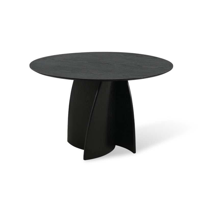 Modernisez votre salle à manger avec la table ronde noire Gemma 120 cm d’OFCASA : plateau en MDF audacieux et base en placage bois pour un style contemporain