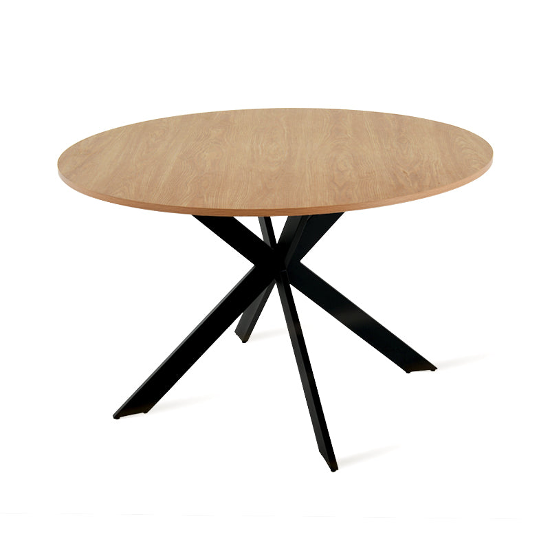 Découvrez la table de salle à manger ronde Tilly d’OFCASA – plateau en mélamine effet bois de 120 cm, pieds en métal en X robustes et montage facile. Parfaite pour accueillir 4 personnes dans les intérieurs modernes.