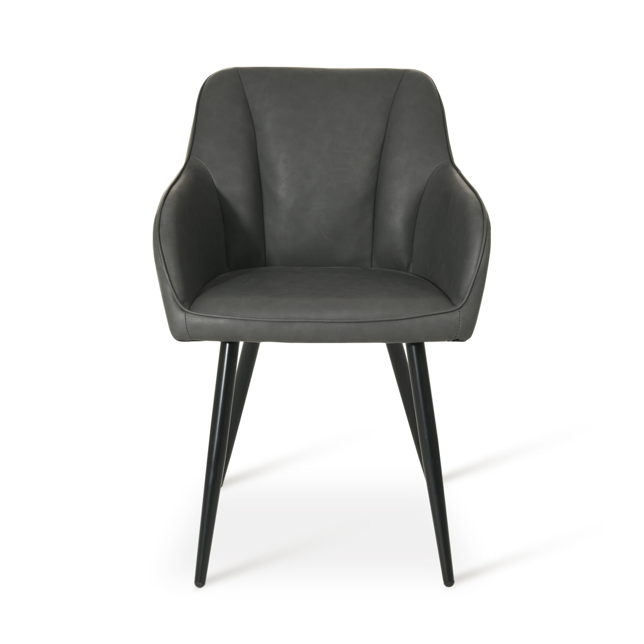 Lot de 4 chaises design Sienna d'OFCASA avec assise rembourrée grise et pieds métal noir, autour d'une table en bois,Chaise de salle à manger Sienna en contexte réel, montrant son dossier ergonomique et son style contemporain