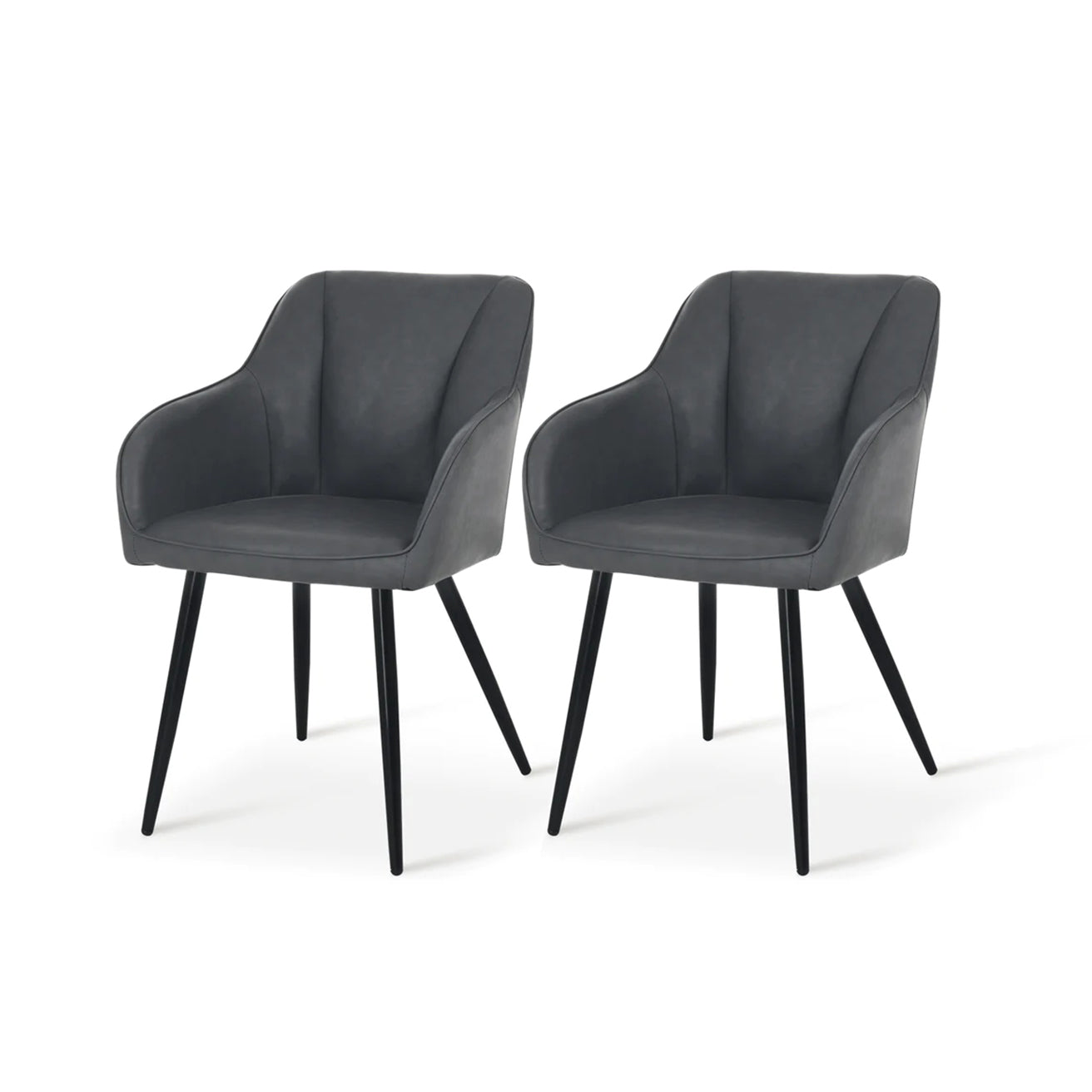 Lot de 4 chaises design Sienna d'OFCASA avec assise rembourrée grise et pieds métal noir, autour d'une table en bois，Chaise de salle à manger Sienna en contexte réel, montrant son dossier ergonomique et son style contemporain