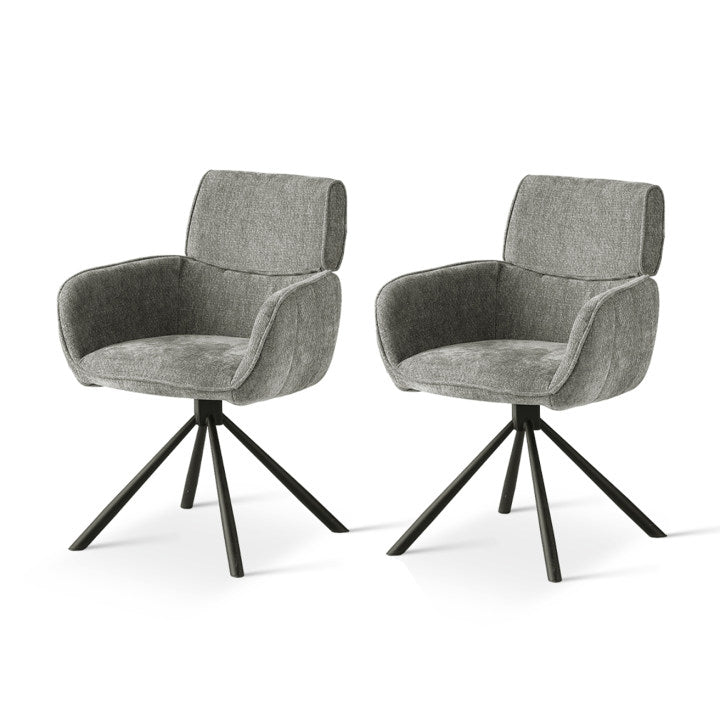 Fauteuil à dîner pivotant Elara HDC233029 en chenille beige, avec base métallique dorée et mécanisme de rotation fluide, pour salle à manger ou cuisine ouverte