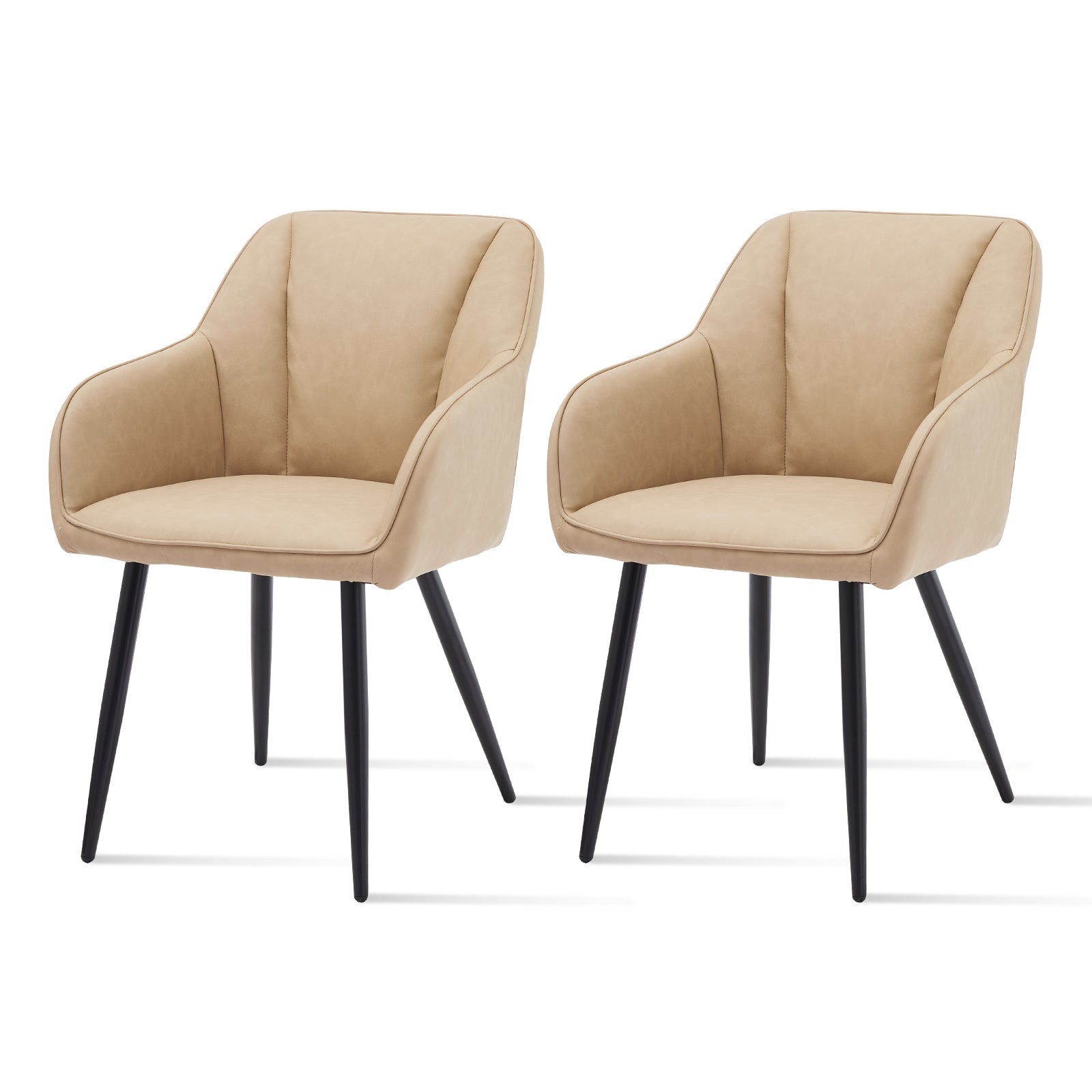 Lot de 4 chaises design Sienna d'OFCASA avec assise rembourrée grise et pieds métal noir, autour d'une table en bois，Chaise de salle à manger Sienna en contexte réel, montrant son dossier ergonomique et son style contemporain